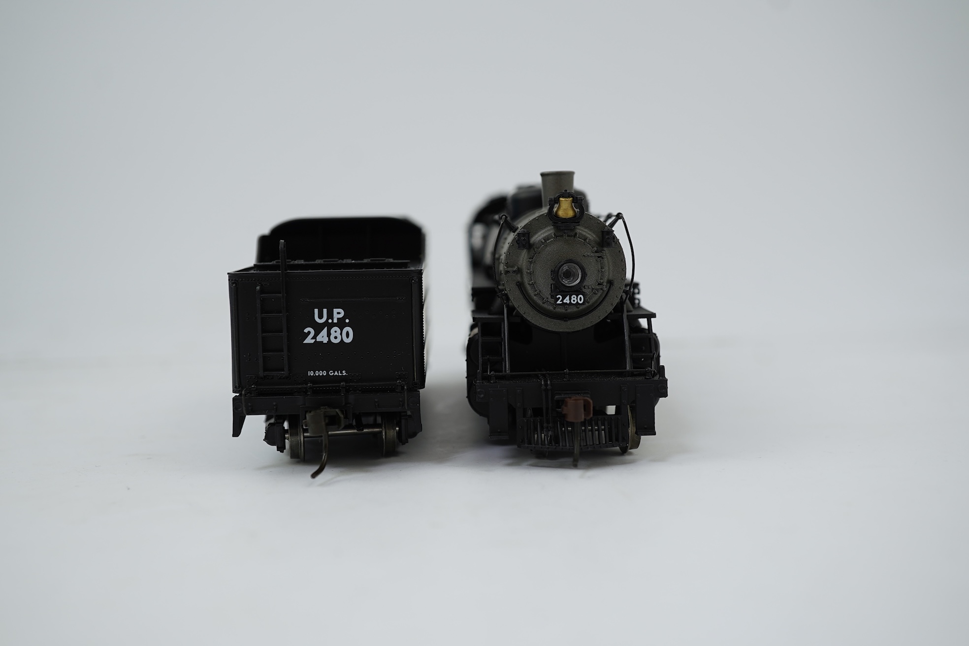 A boxed HO gauge Broadway Limited Blue Line (5173) model of Union Pacific USRA Light Mikado, 2480, 2-8-2 locomotive with bogie tender, powered for two rail operation.